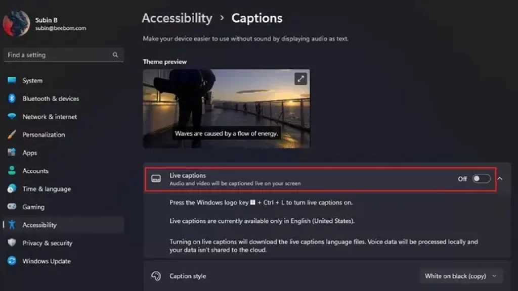 Enable Live Captions Windows 11