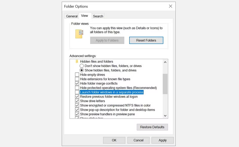 windows Change File Explorer Process Settings